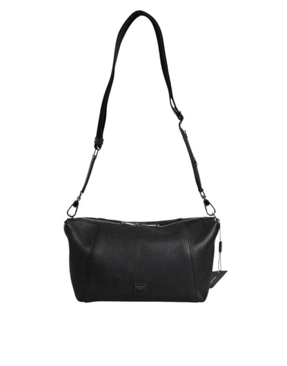 Black Leather Logo Plaque Shoulder Crossbody Bag