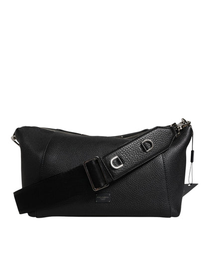 Black Leather Logo Plaque Shoulder Crossbody Bag