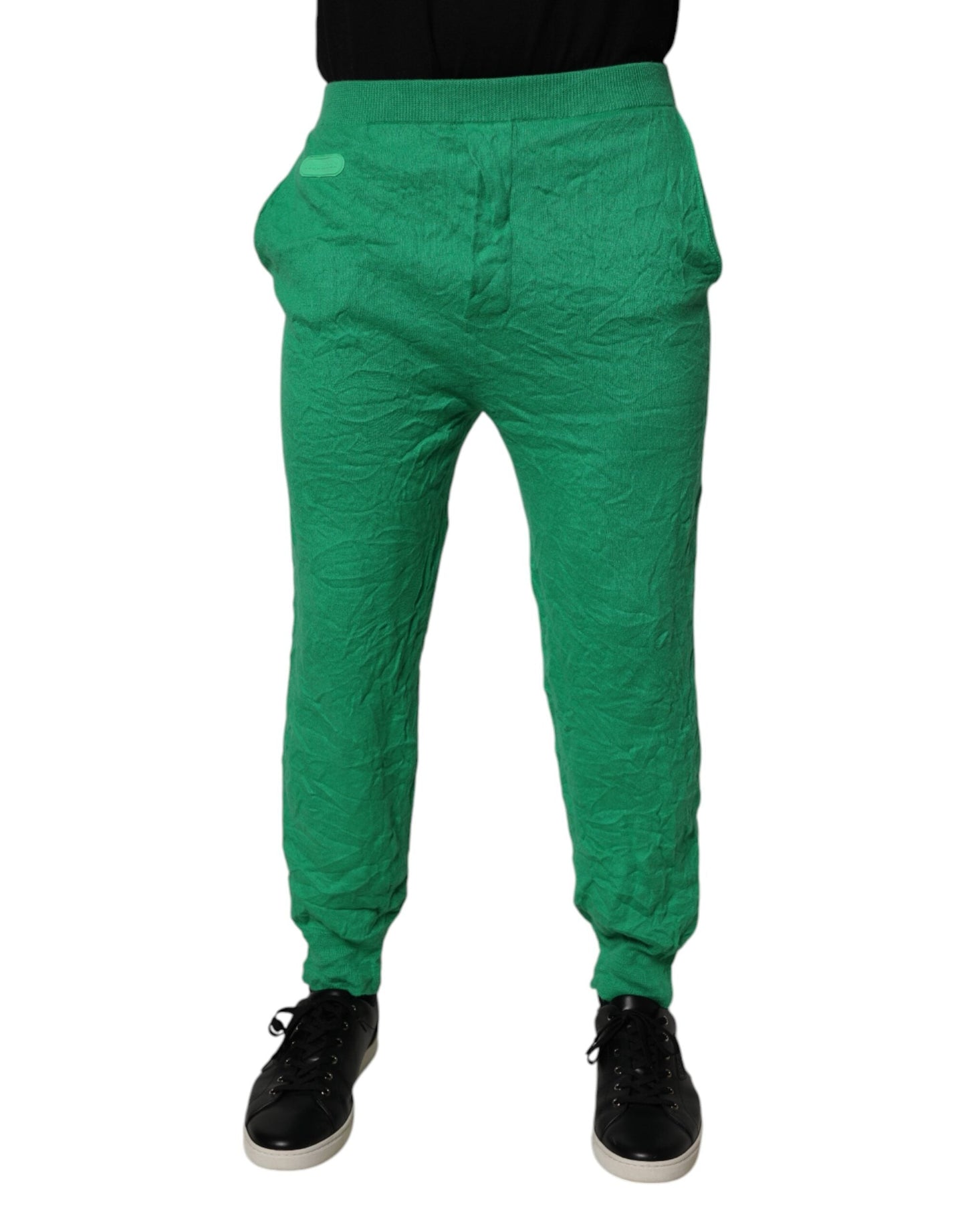 Green Cotton Elastic Waist Men Casual Pants
