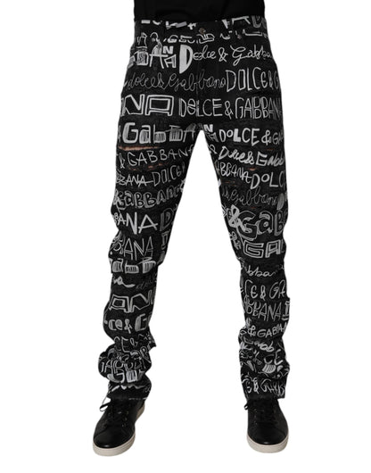 Black Cotton Logo Print Straight Denim Jeans