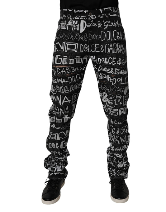 Black Cotton Logo Print Straight Denim Jeans