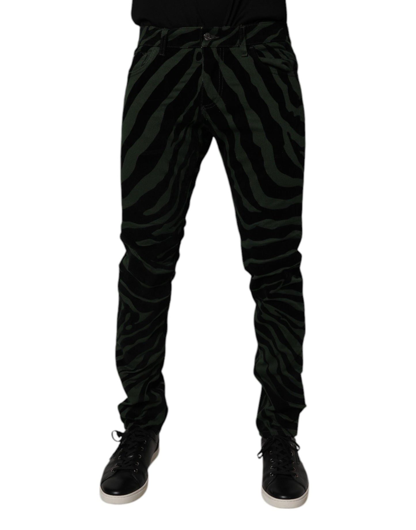 Black Green Stripes Cotton Skinny Denim Jeans