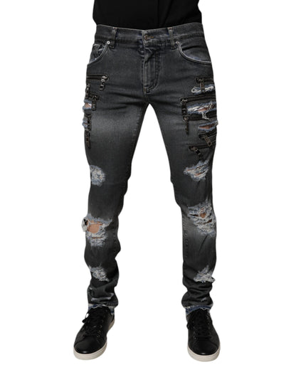 Dark Gray Tattered Cotton Skinny Denim Jeans