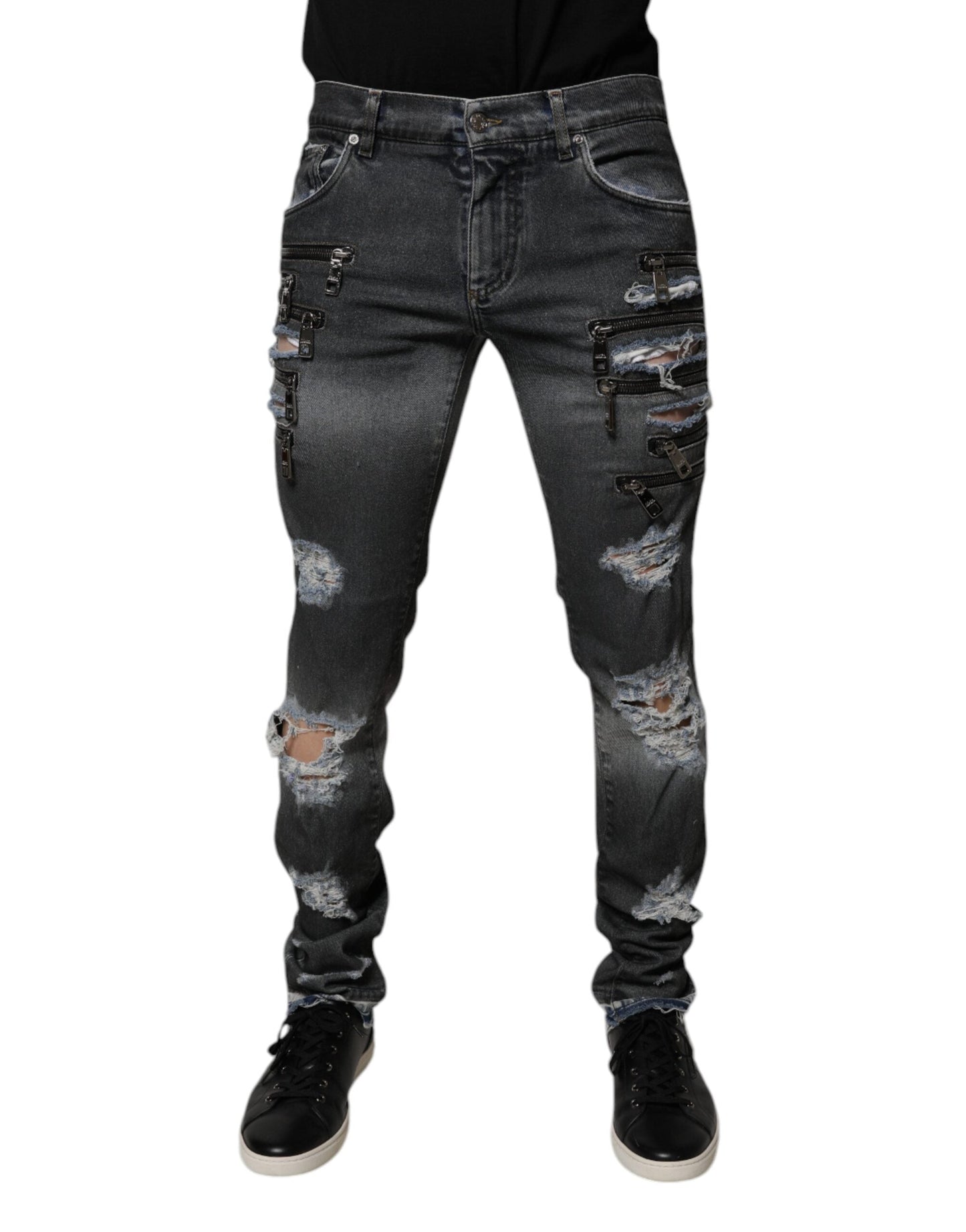 Dark Gray Tattered Cotton Skinny Denim Jeans