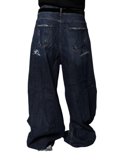 Dark Blue Tattered Wide Leg Men Denim Jeans