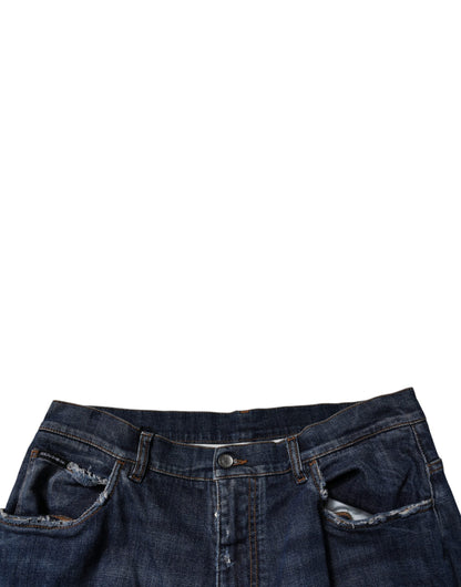 Dark Blue Tattered Wide Leg Men Denim Jeans