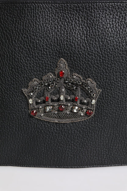 Black Calfskin Crown Embellished Clutch Pouch Bag