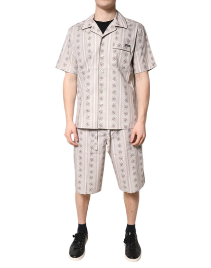 Beige Floral Print Cotton Men Pajama Set Sleepwear