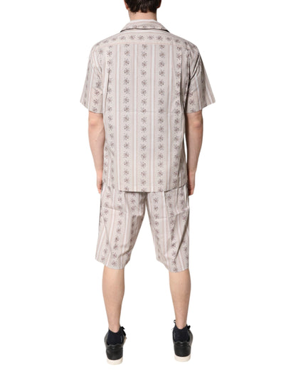 Beige Floral Print Cotton Men Pajama Set Sleepwear
