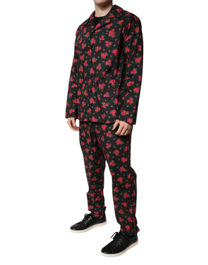 Black Floral Print Cotton Men Pajama Set Sleepwear
