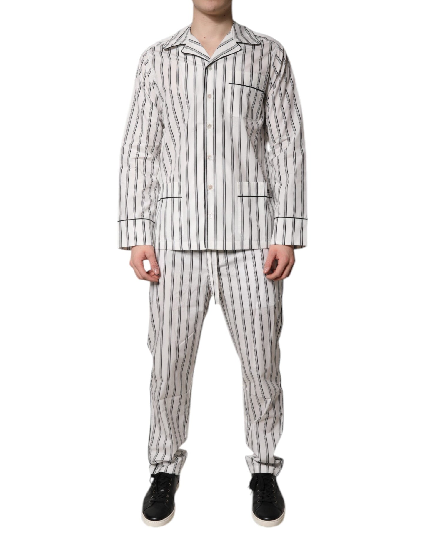 White Black Stripes Cotton Men Pajama Set Sleepwear