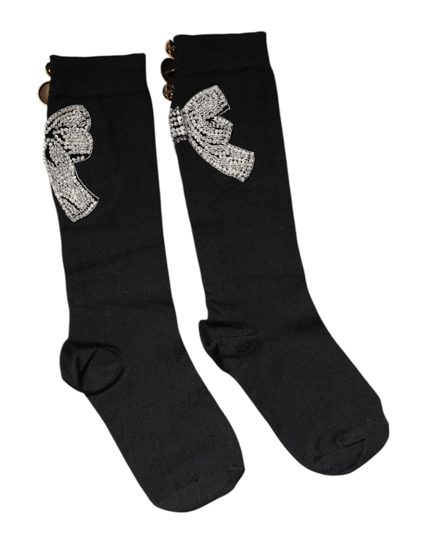 Black Knit Floral Crystal Embellishment Socks
