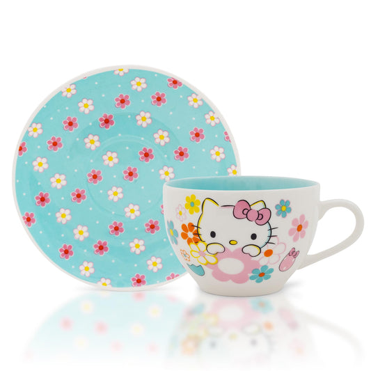 Sanrio Hello Kitty Floral Bone China Teacup and Saucer Set | Holds 7 Ounces
