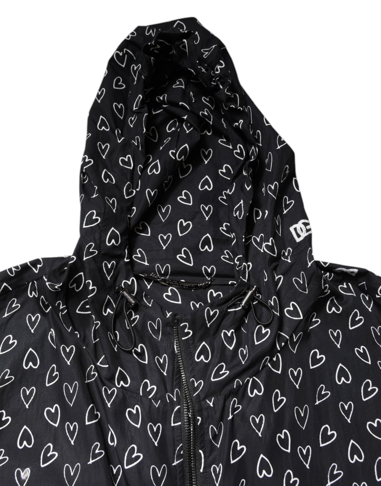 Black Heart Print Hooded Windbreaker Jacket