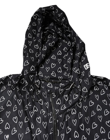 Black Heart Print Hooded Windbreaker Jacket
