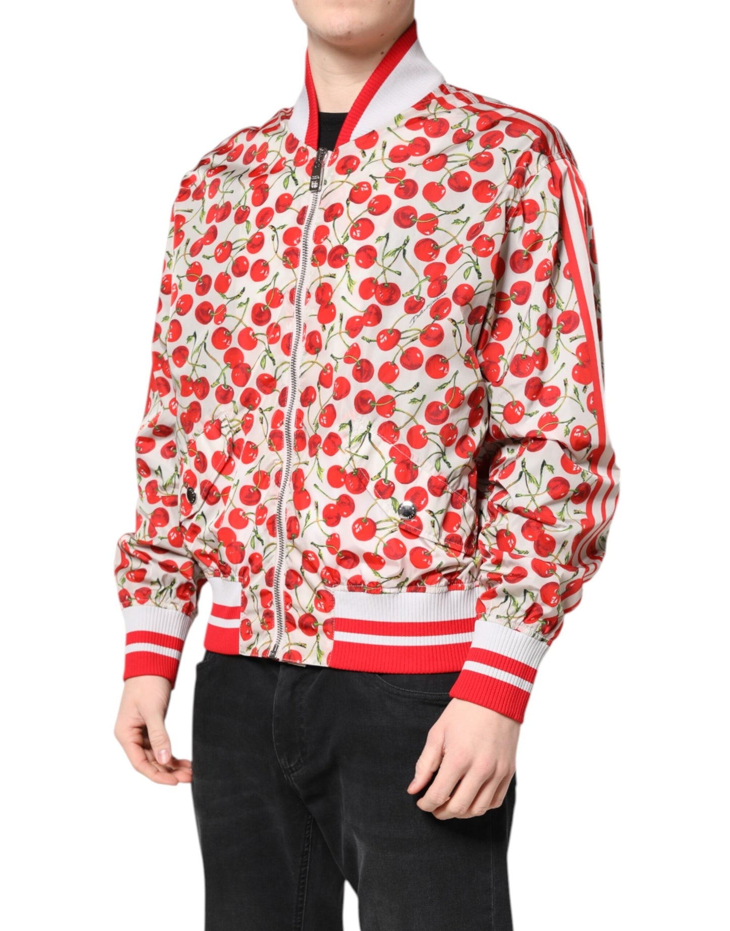 White Cherry Print Full Zip Bomber Jacket