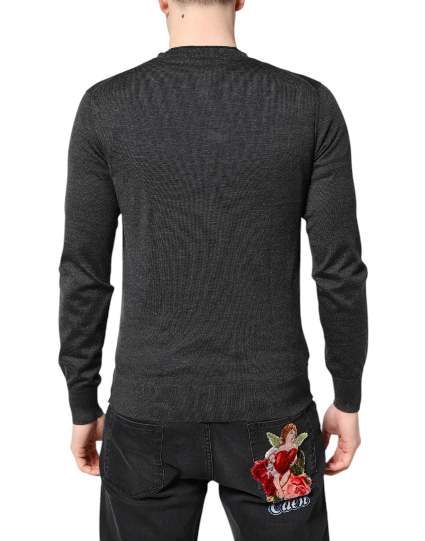 Gray Embroidery Knit Men Pullover Sweater