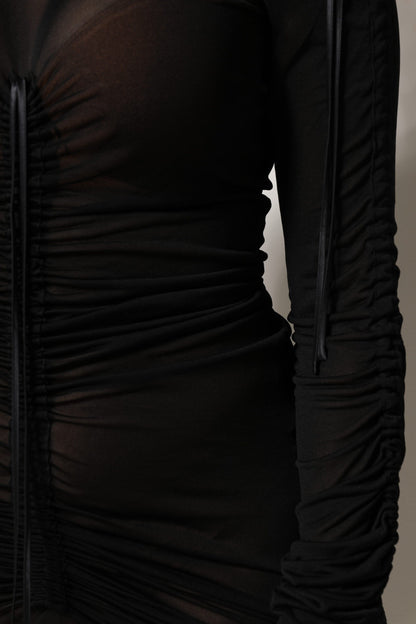 Black Mesh Trim Bodycon Long Sheath Dress