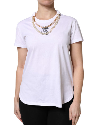 White Chain Pearl Cotton Round Neck T-shirt