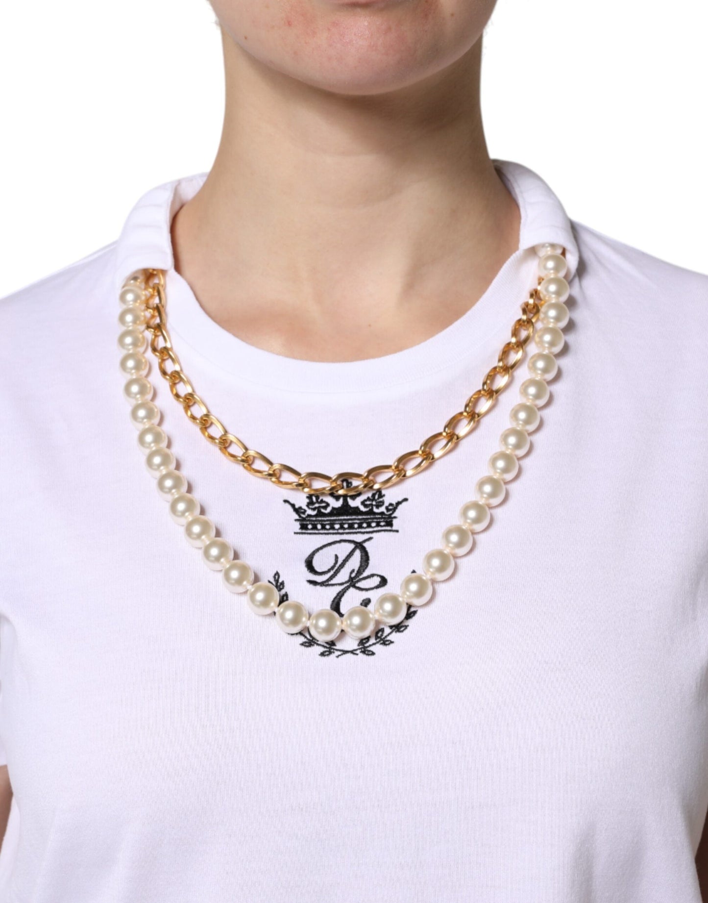 White Chain Pearl Cotton Round Neck T-shirt
