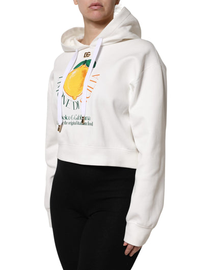 Ivory Cotton Printed Hooded Pullover Sweater