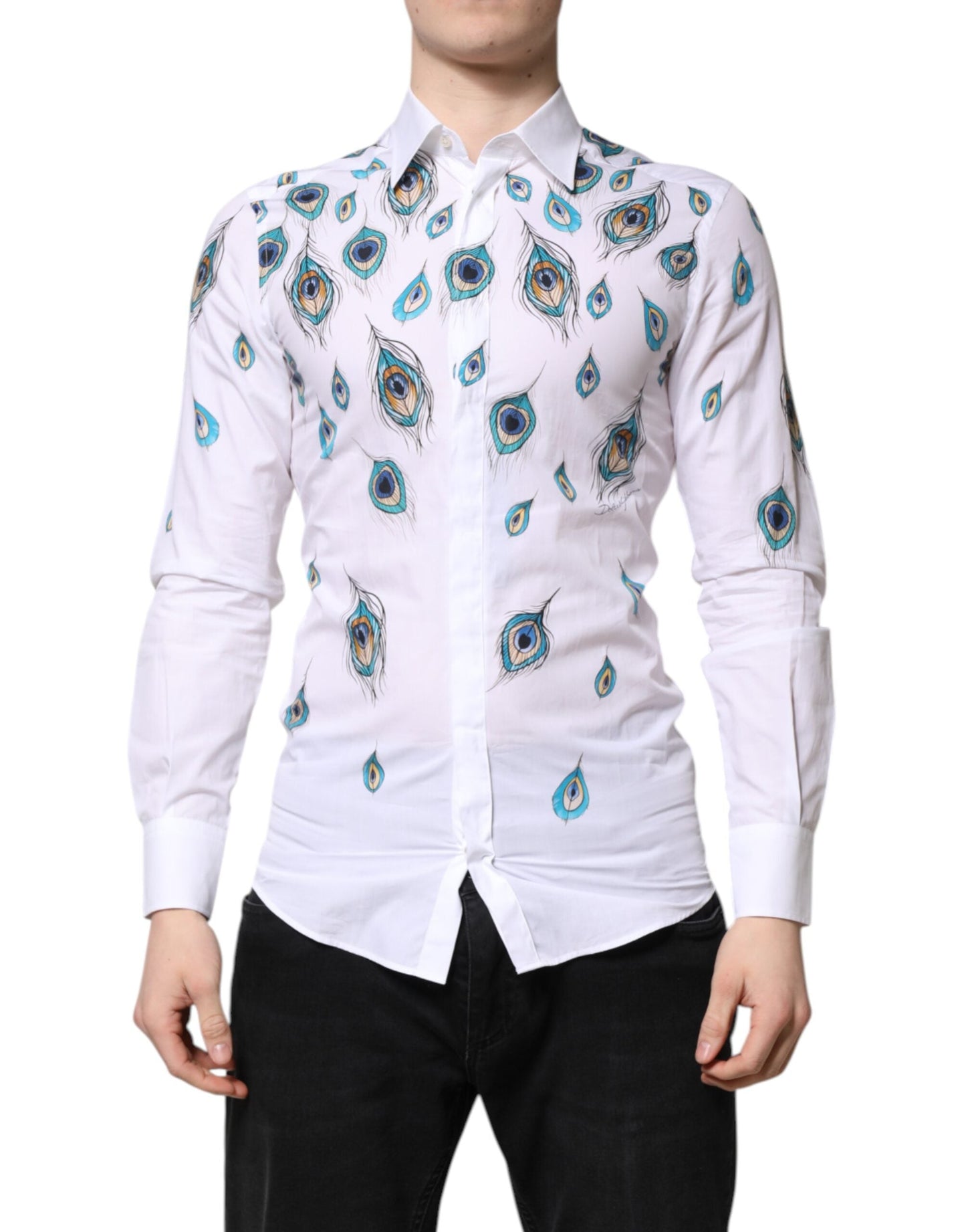 White Cotton Feather Print GOLD Dress Shirt