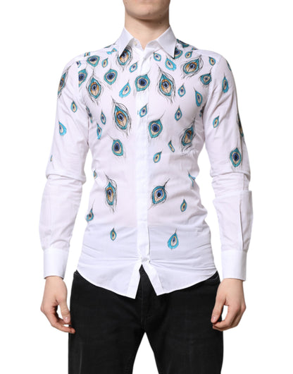 White Cotton Feather Print GOLD Dress Shirt