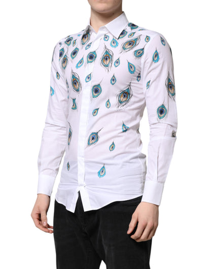 White Cotton Feather Print GOLD Dress Shirt