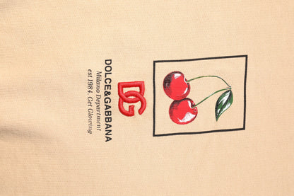 Beige Cherry Print Crew Neck Pullover Sweater