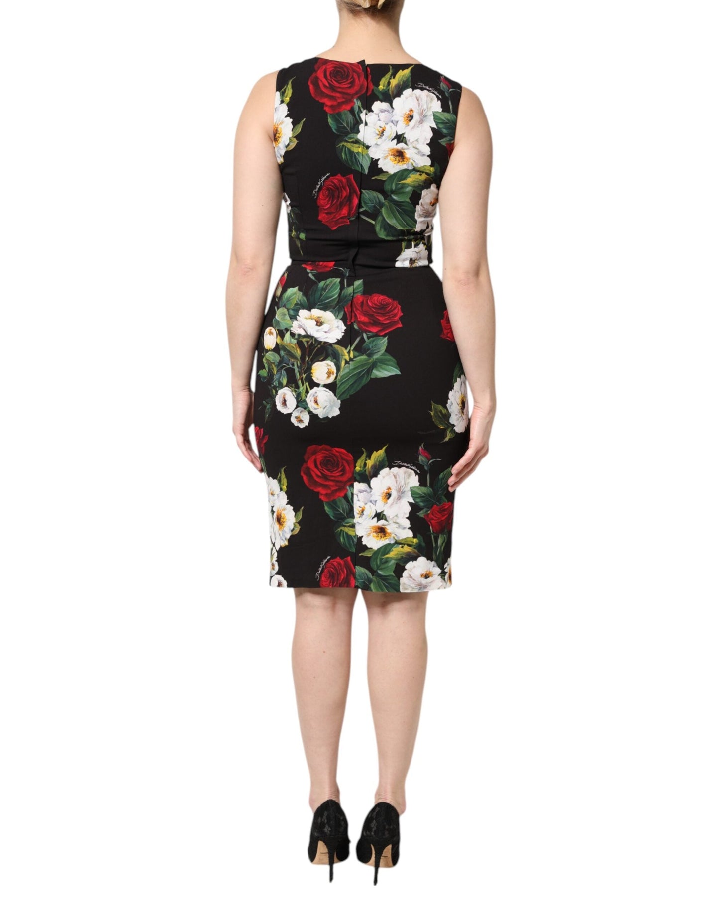Black Floral Print Sleeveless Sheath Dress