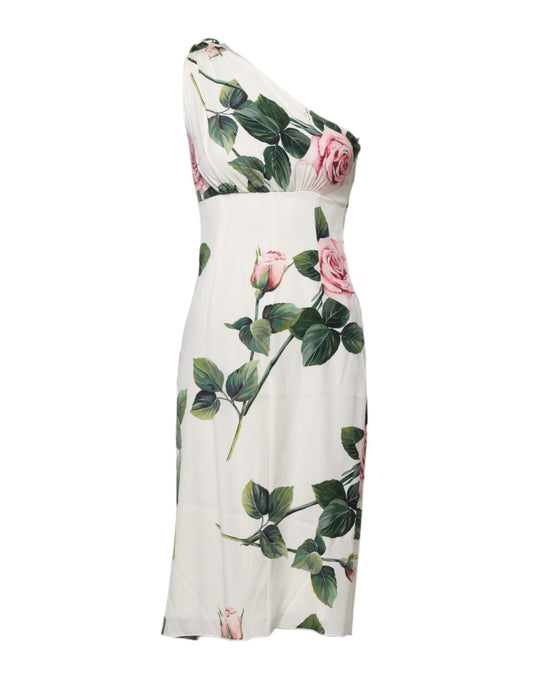 White Floral One Shoulder Sheath Midi Dress
