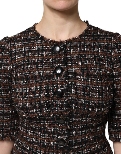Brown Tweed Short Sleeves A-line Mini Dress