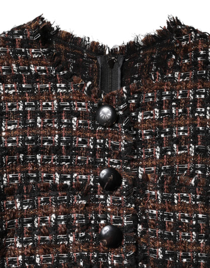 Brown Tweed Short Sleeves A-line Mini Dress