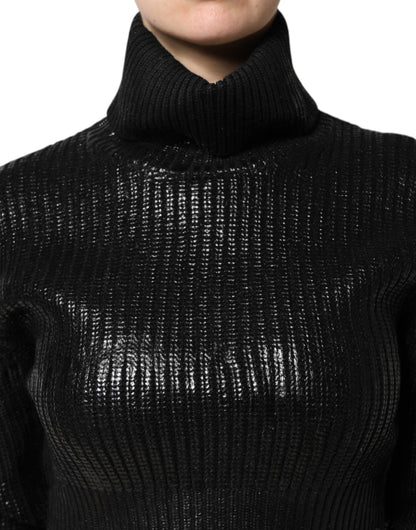 Black Wool Long Sleeve Turtleneck Cropped Top