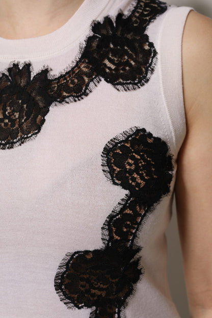 White Cashmere Floral Lace Detailing Tank Top