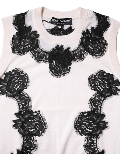 White Cashmere Floral Lace Detailing Tank Top