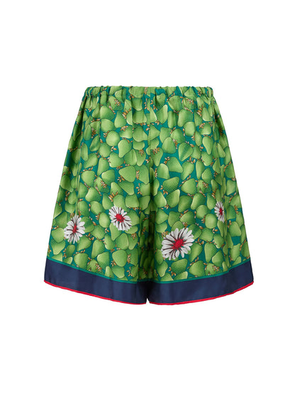 Green Flower Printed Silk Shorts