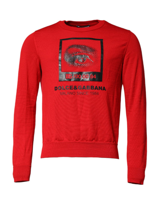 Red Eye Print Crew Neck Men Pullover Sweater