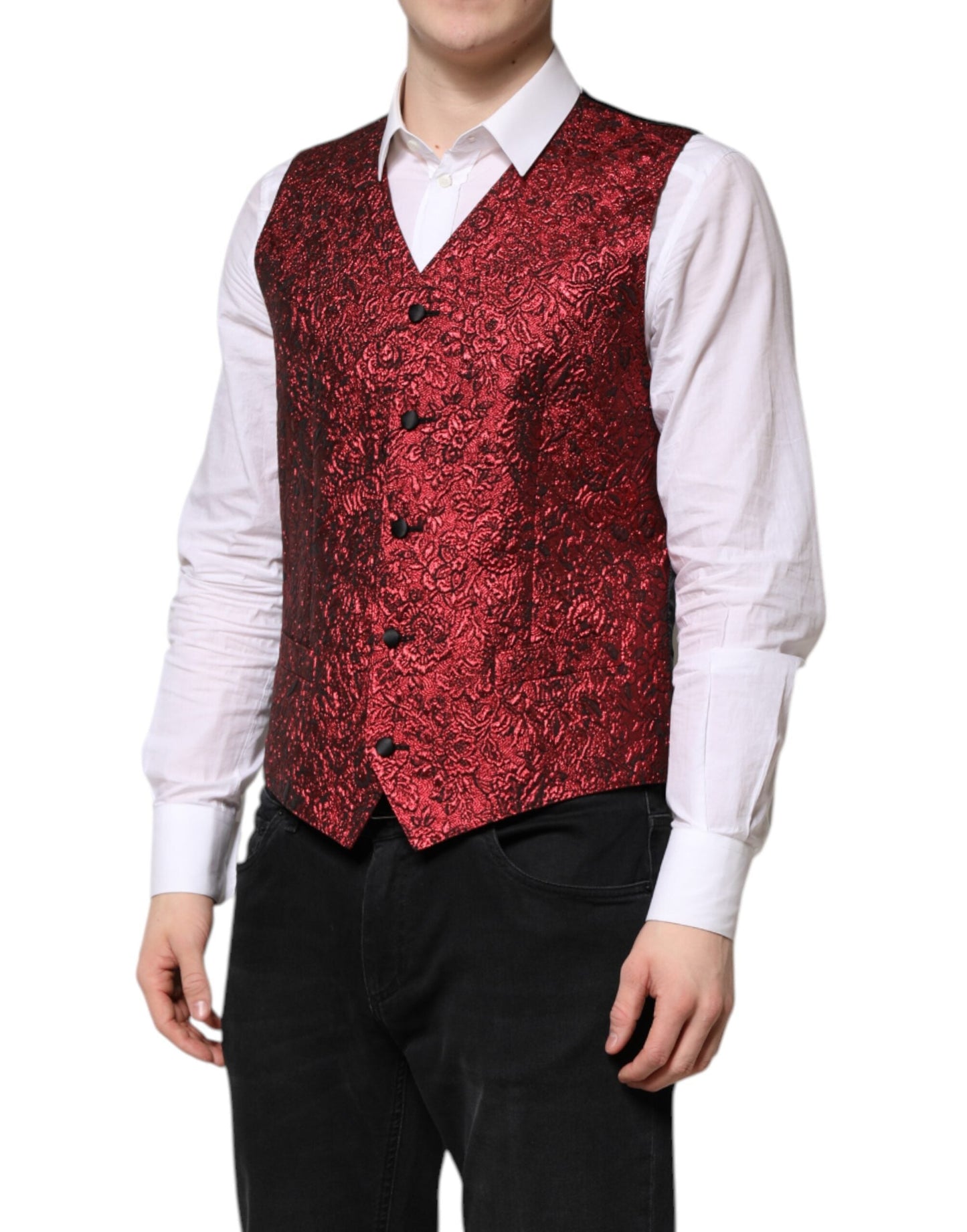 Red Floral Brocade Formal Men Waistcoat Vest
