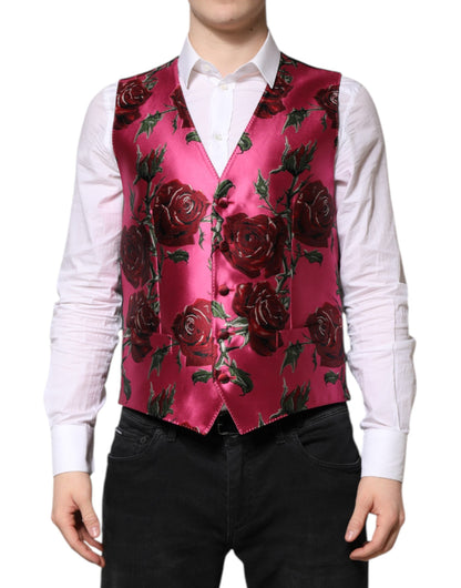 Pink Floral Satin Formal Men Waistcoat Vest