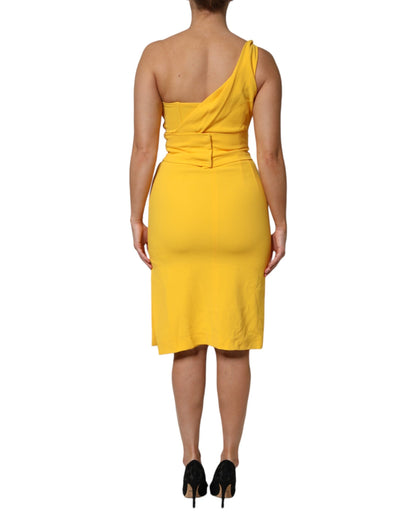 Yellow One Shoulder Side Slit Midi Dress