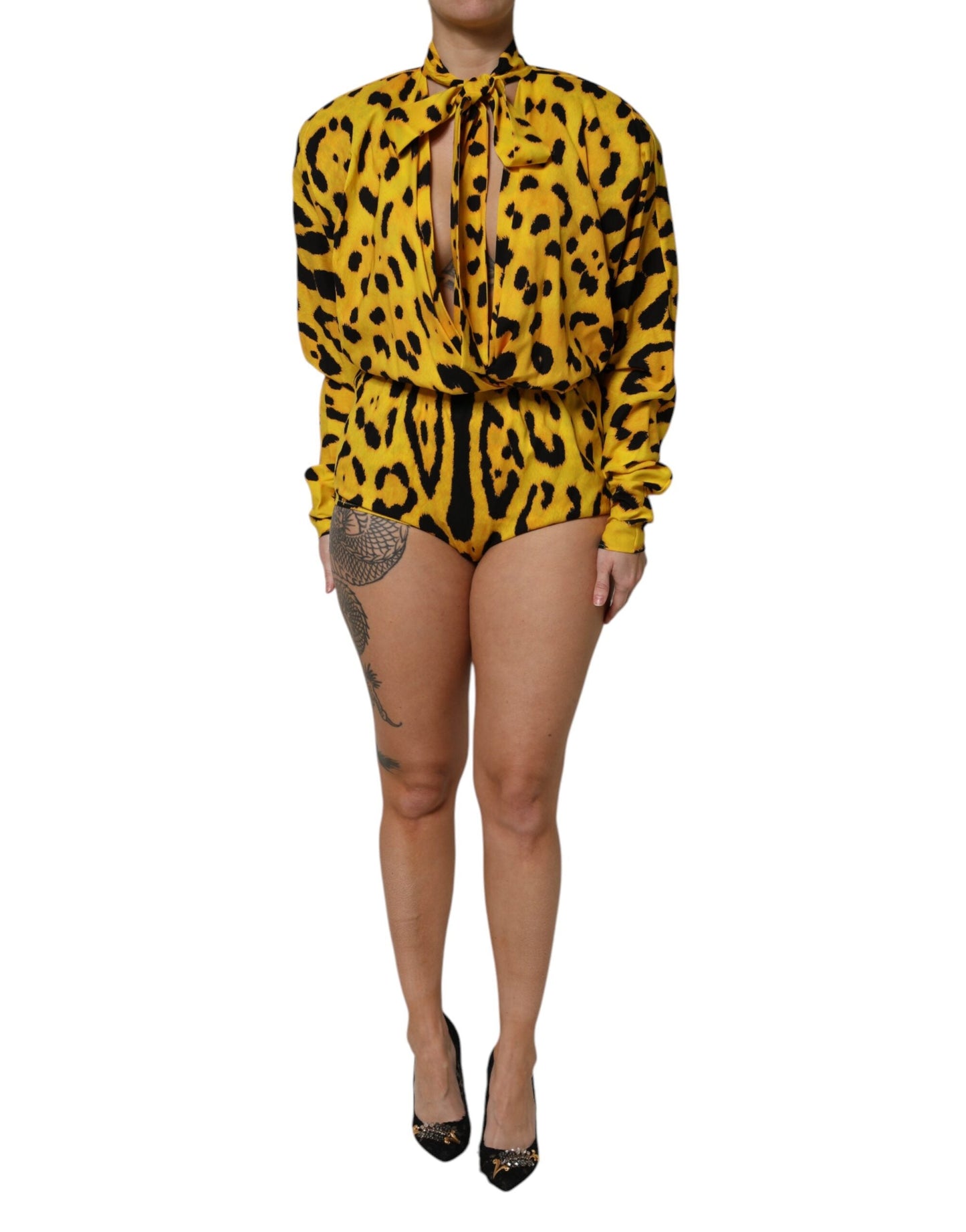 Yellow Leopard Long Sleeves Jumpsuit Dress