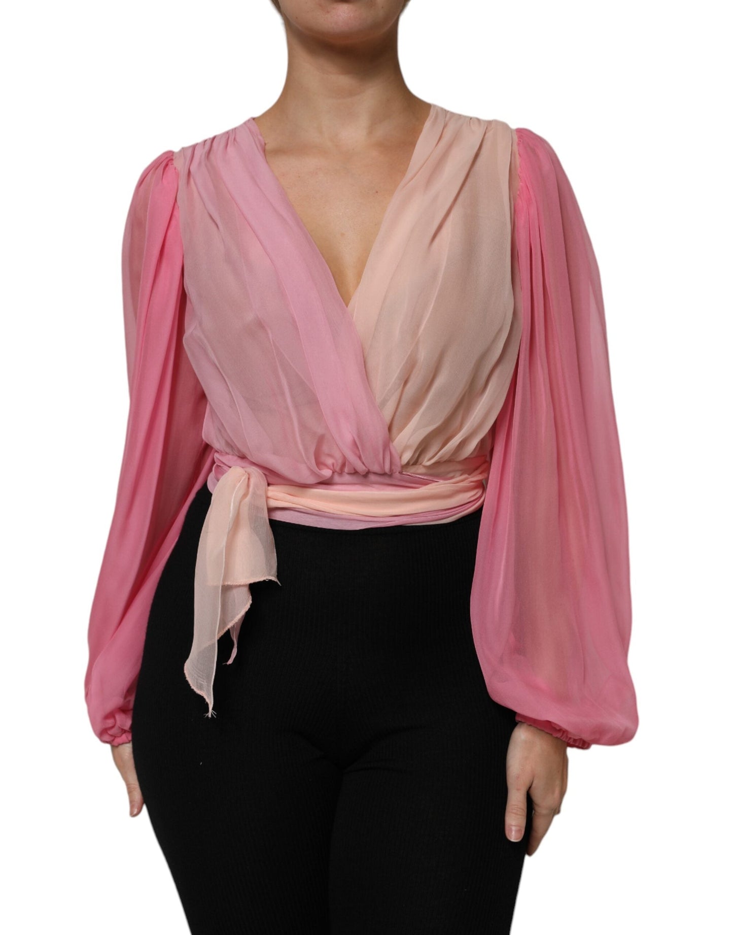 Pink Plunging V-neck Long Sleeves Blouse Top