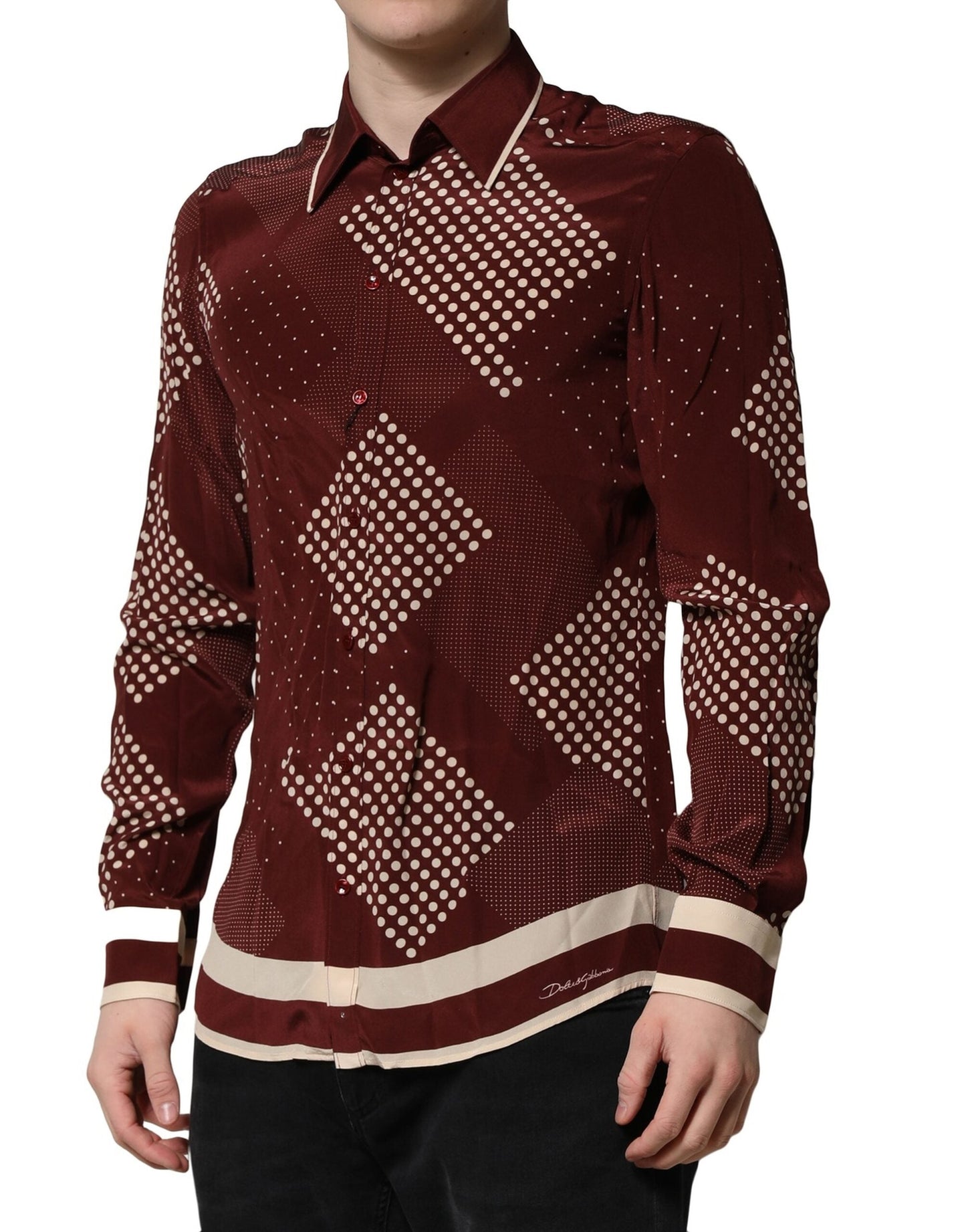 Maroon Dotted Silk Long Sleeve Casual Shirt