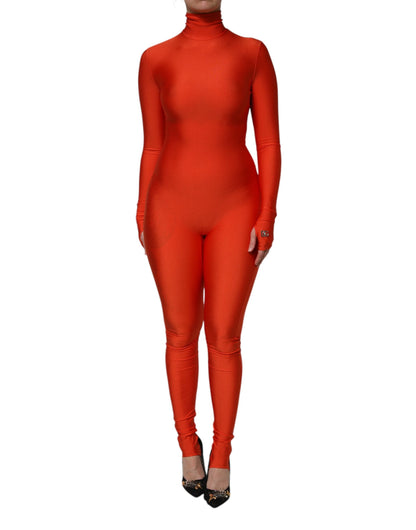 Red Nylon Turtleneck Bodycon Jumpsuit Dress