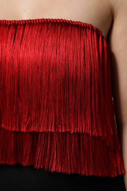 Red Silk Strapless Fringe Crop Tube Top
