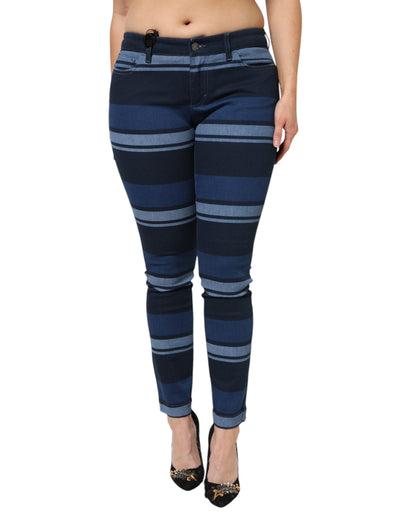 Blue Striped Cotton Stretch Denim Jeans