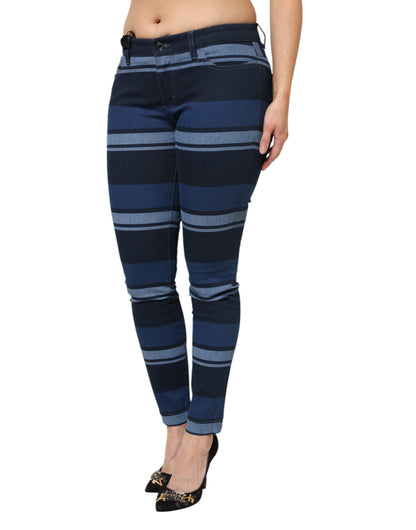 Blue Striped Cotton Stretch Denim Jeans