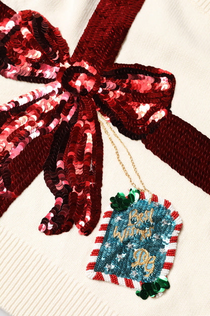 White Sequined Crew Neck Pullover Sweater