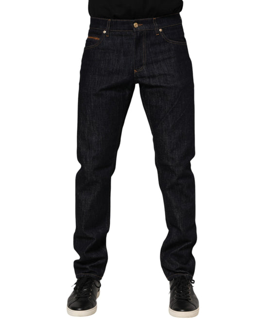Dark Blue Cotton Logo Plaque Men Denim Jeans